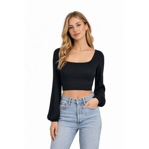 Michael Lauren Black Jeremiah Square Neck Billow Sleeve Crop Top Ribbed Knit M‎